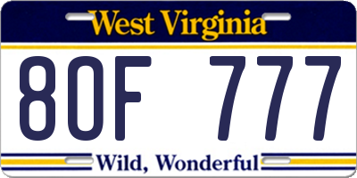 WV license plate 8OF777