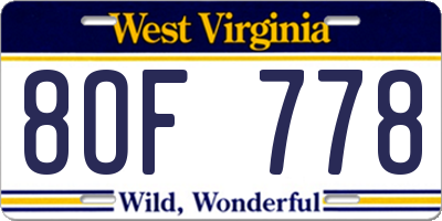 WV license plate 8OF778