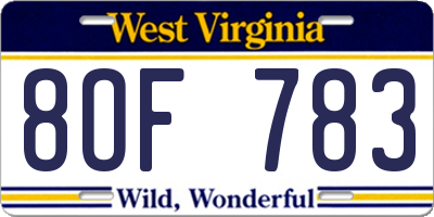 WV license plate 8OF783