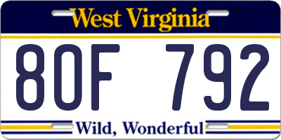 WV license plate 8OF792