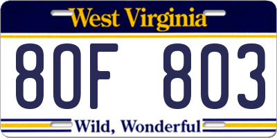 WV license plate 8OF803