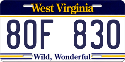 WV license plate 8OF830