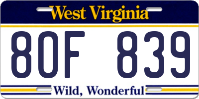 WV license plate 8OF839