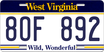 WV license plate 8OF892