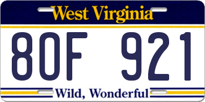 WV license plate 8OF921