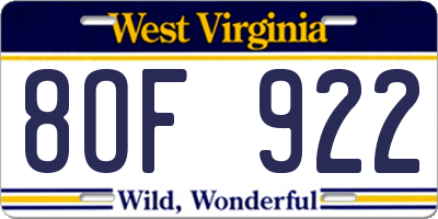 WV license plate 8OF922