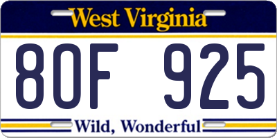 WV license plate 8OF925