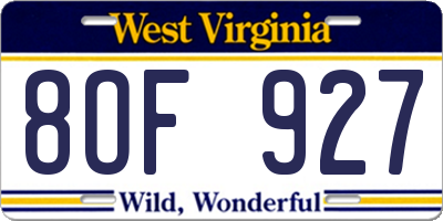 WV license plate 8OF927