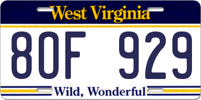 WV license plate 8OF929