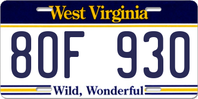 WV license plate 8OF930