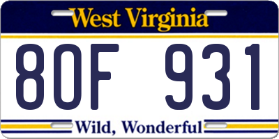 WV license plate 8OF931