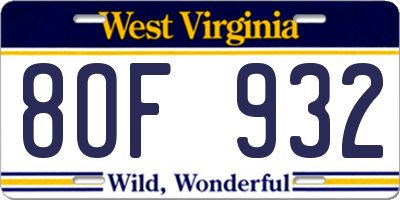 WV license plate 8OF932