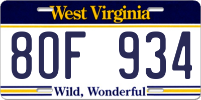 WV license plate 8OF934