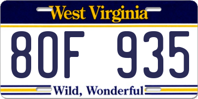 WV license plate 8OF935