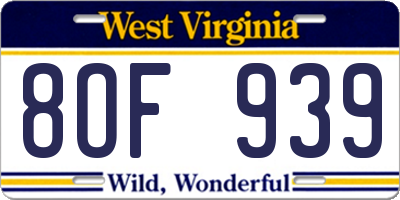 WV license plate 8OF939