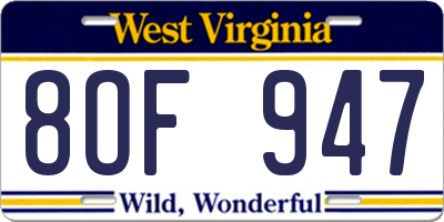 WV license plate 8OF947