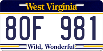 WV license plate 8OF981