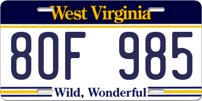 WV license plate 8OF985
