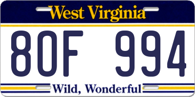 WV license plate 8OF994