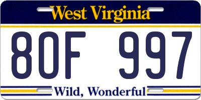 WV license plate 8OF997