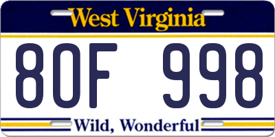 WV license plate 8OF998