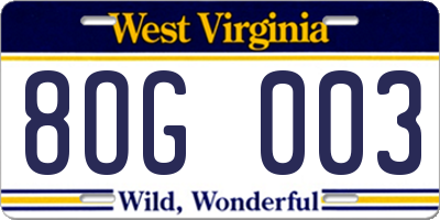 WV license plate 8OG003