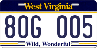WV license plate 8OG005