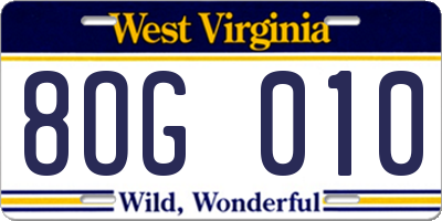 WV license plate 8OG010