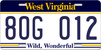 WV license plate 8OG012