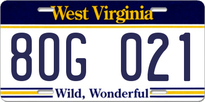 WV license plate 8OG021