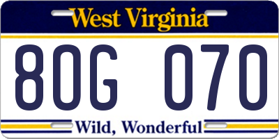 WV license plate 8OG070