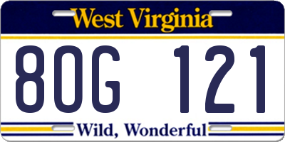 WV license plate 8OG121