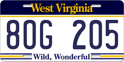 WV license plate 8OG205