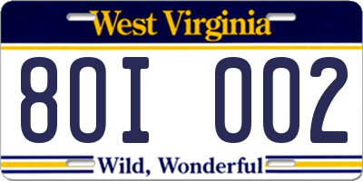 WV license plate 8OI002