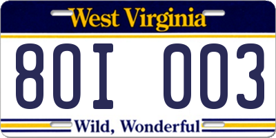 WV license plate 8OI003