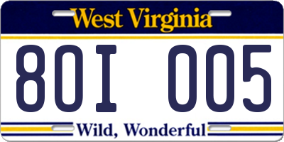WV license plate 8OI005