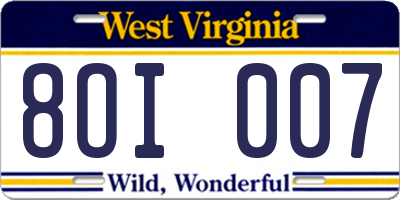 WV license plate 8OI007