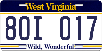 WV license plate 8OI017
