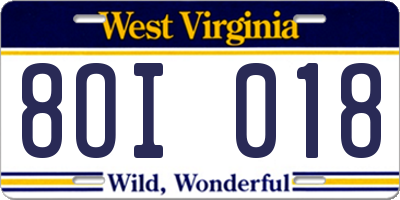 WV license plate 8OI018