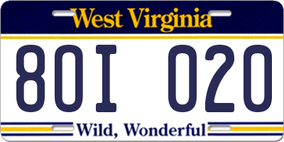 WV license plate 8OI020