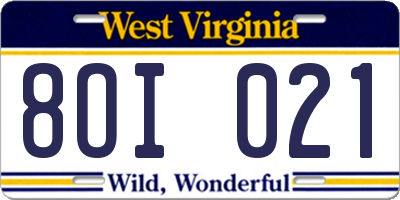 WV license plate 8OI021