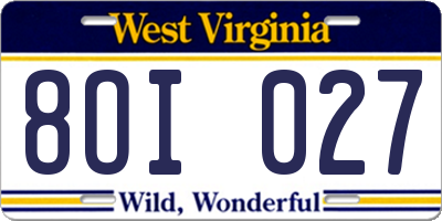 WV license plate 8OI027
