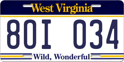 WV license plate 8OI034