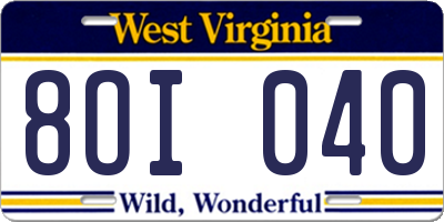 WV license plate 8OI040