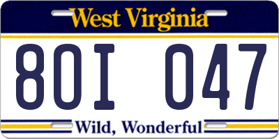 WV license plate 8OI047