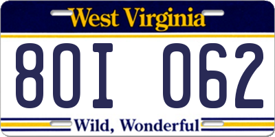 WV license plate 8OI062