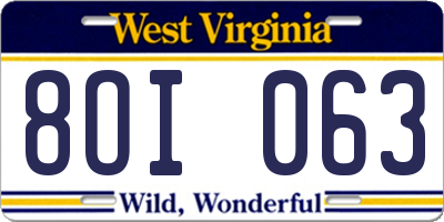 WV license plate 8OI063