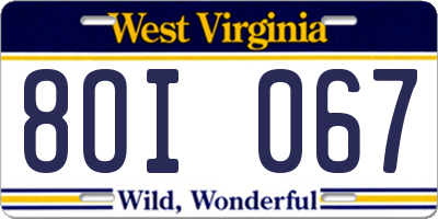 WV license plate 8OI067