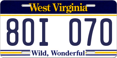 WV license plate 8OI070