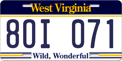 WV license plate 8OI071